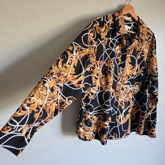 Chico's No Iron Printed Button Up Top Black/Gold Size XL 100% Cotton Long Sleeve - Picture 5 of 9